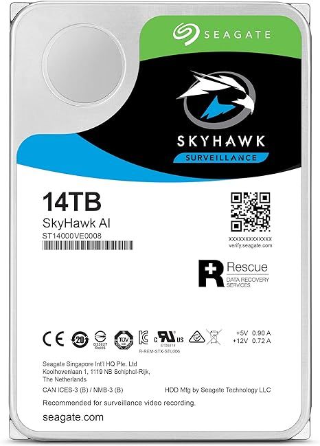 Seagate SkyHawk AI - 14TB Surveillance Internal Hard Drive, 3.5-Inch SATA, 6Gb/s, 256MB Cache with Drive Health Management + 3-Year Rescue Service (ST14000VE0008)