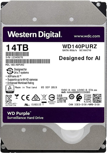WD Purple 14TB Surveillance 3.5 Inch SATA 6 Gb/s Hard Disk Drive with Allframe 4K Technology - 360TB/yr, 512MB Cache 7200rpm - WD140PURZ - The HDDs