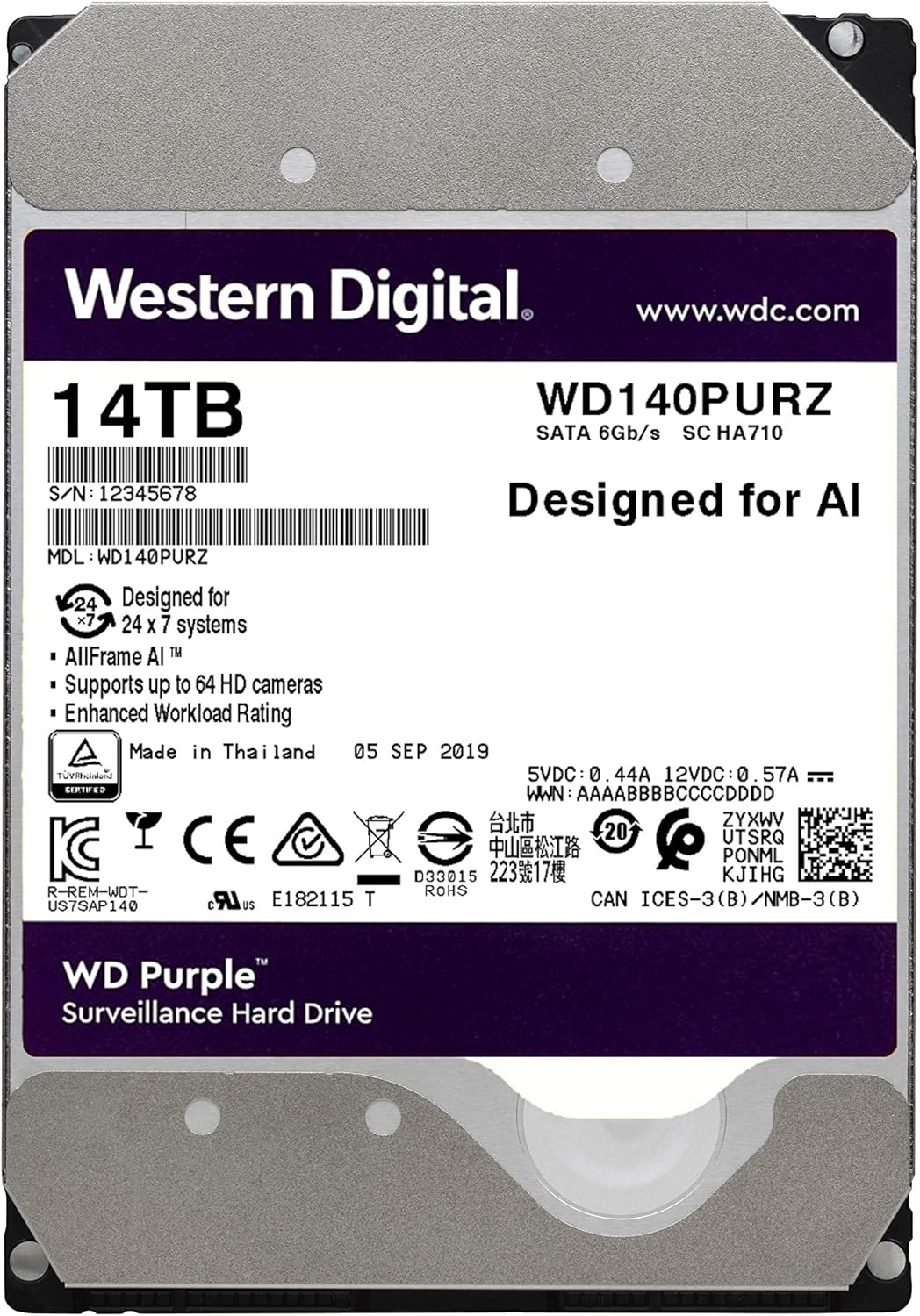 WD Purple 14TB Surveillance 3.5 Inch SATA 6 Gb/s Hard Disk Drive with Allframe 4K Technology - 360TB/yr, 512MB Cache 7200rpm - WD140PURZ - The HDDs