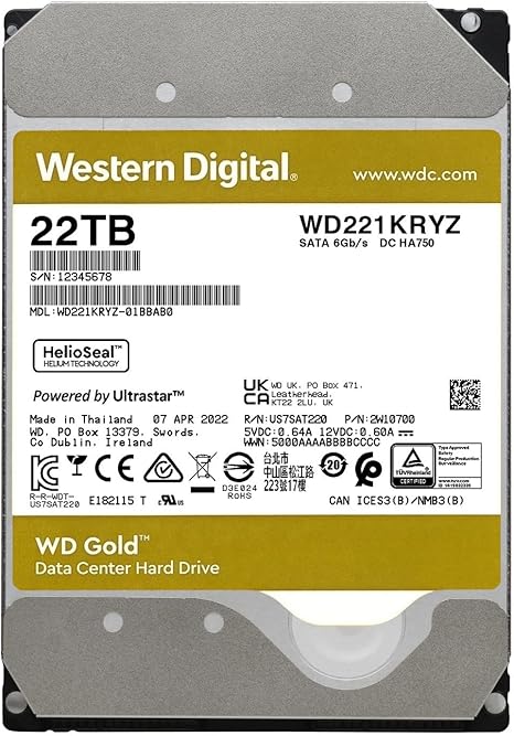 Western Digital 22TB WD Gold Enterprise Class SATA Internal Hard Drive HDD - 7200 RPM, SATA 6 Gb/s, 512 MB Cache, 3.5" - WD221KRYZ - The HDDs