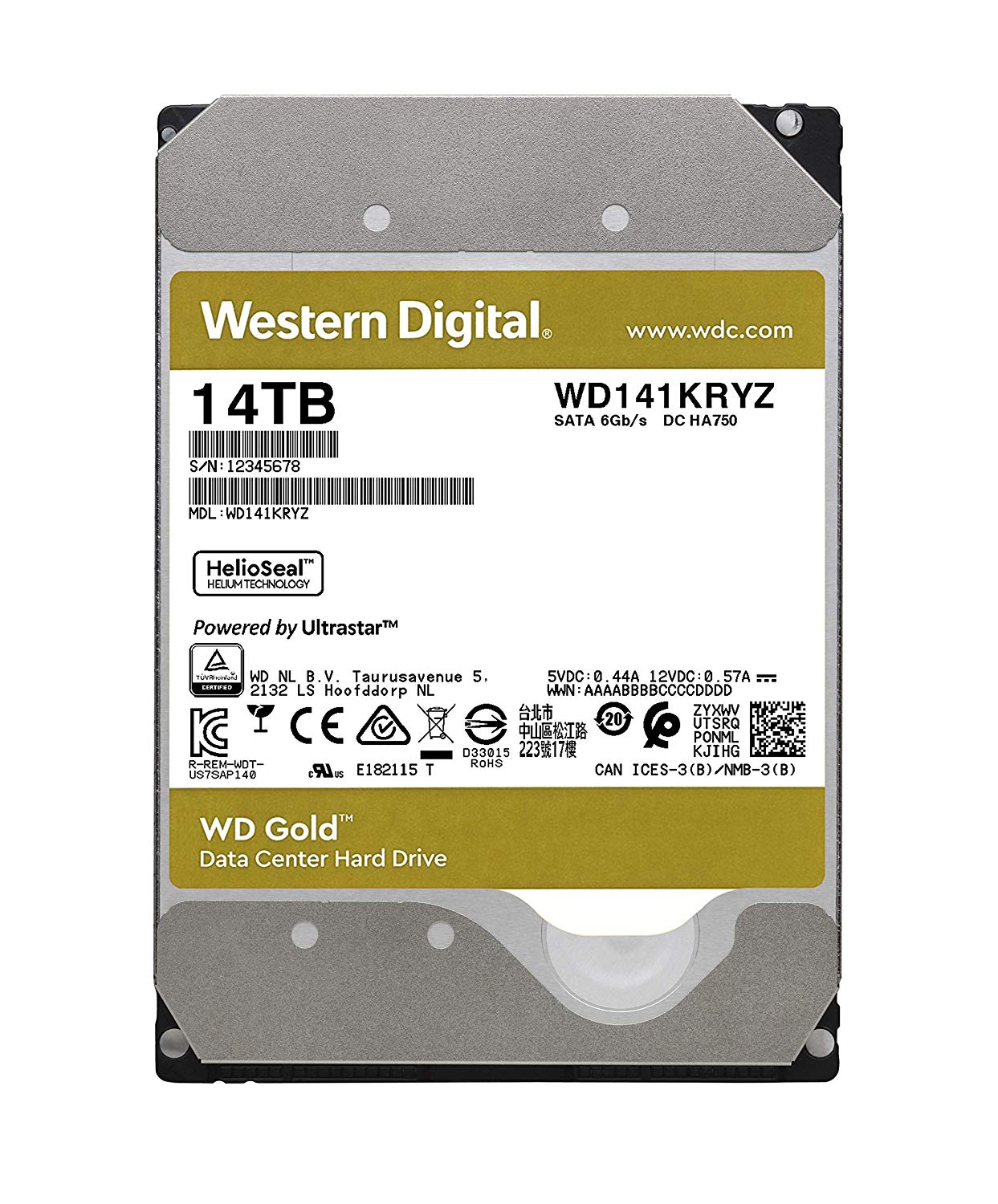 Western Digital 14TB WD Gold Enterprise Class Internal Hard Drive - 7200 RPM Class, SATA 6 Gb/s, 512 MB Cache, 3.5" - WD141KRYZ