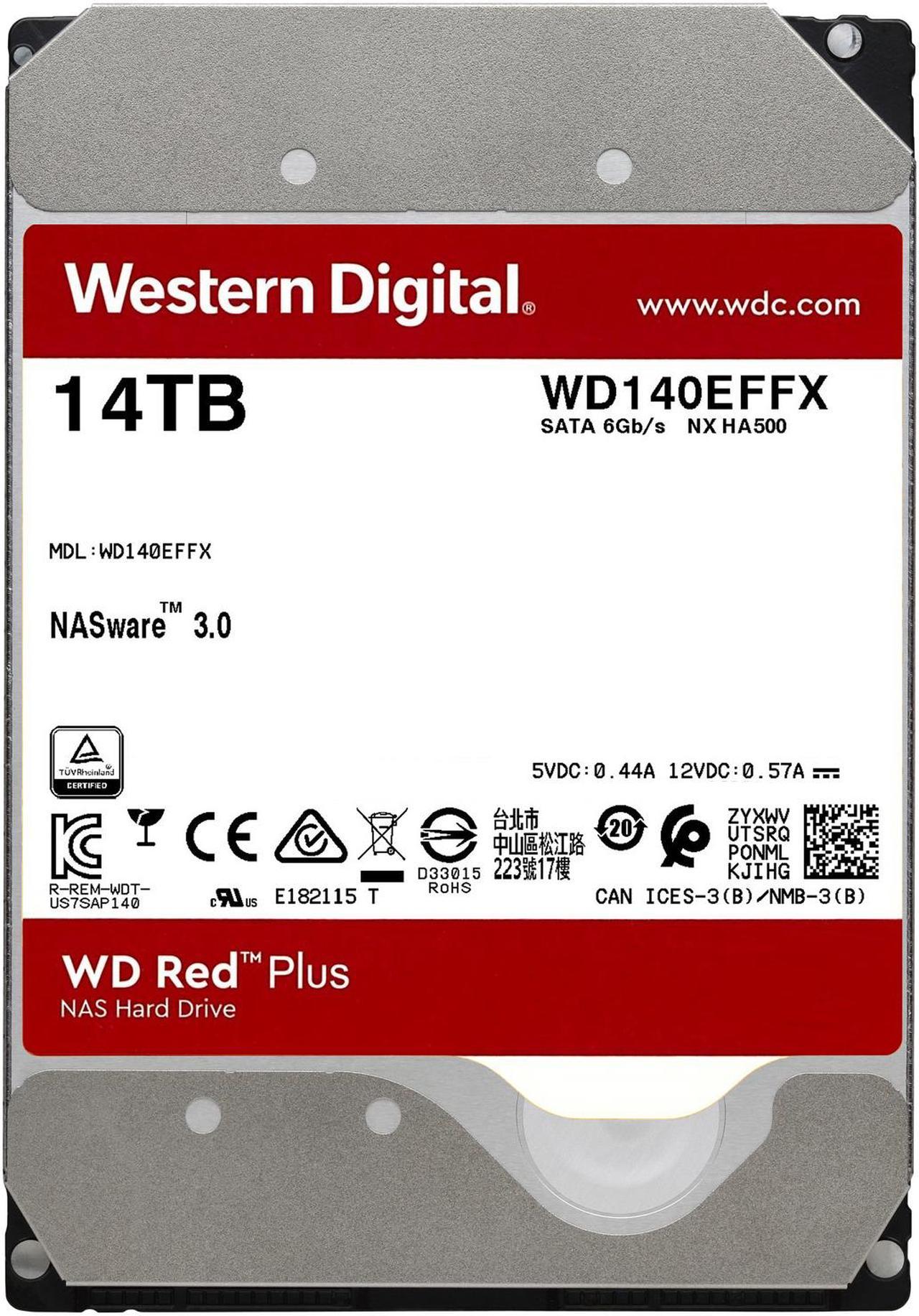 WD Red Plus 14TB NAS Hard Disk Drive - 5400 RPM Class SATA 6Gb/s, CMR, 512MB Cache, 3.5 Inch - WD140EFFX