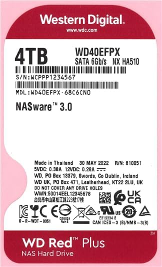 Western Digital 4TB WD Red Plus NAS Internal Hard Drive HDD - 5400 RPM, SATA 6 Gb/s, CMR, 256 MB Cache, 3.5" -WD40EFPX