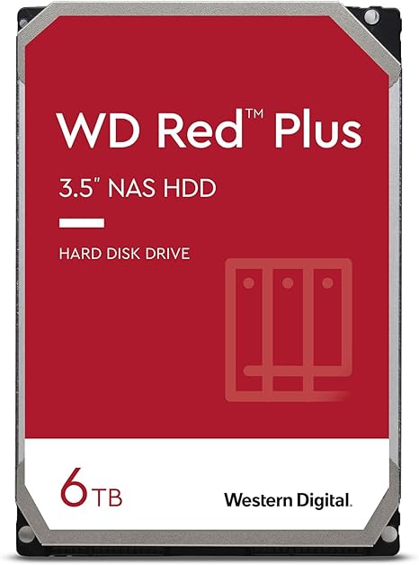 Western Digital 6TB WD Red Plus NAS Internal Hard Drive HDD - 5400 RPM, SATA 6 Gb/s, CMR, 64 MB Cache, 3.5" - WD60EFRX