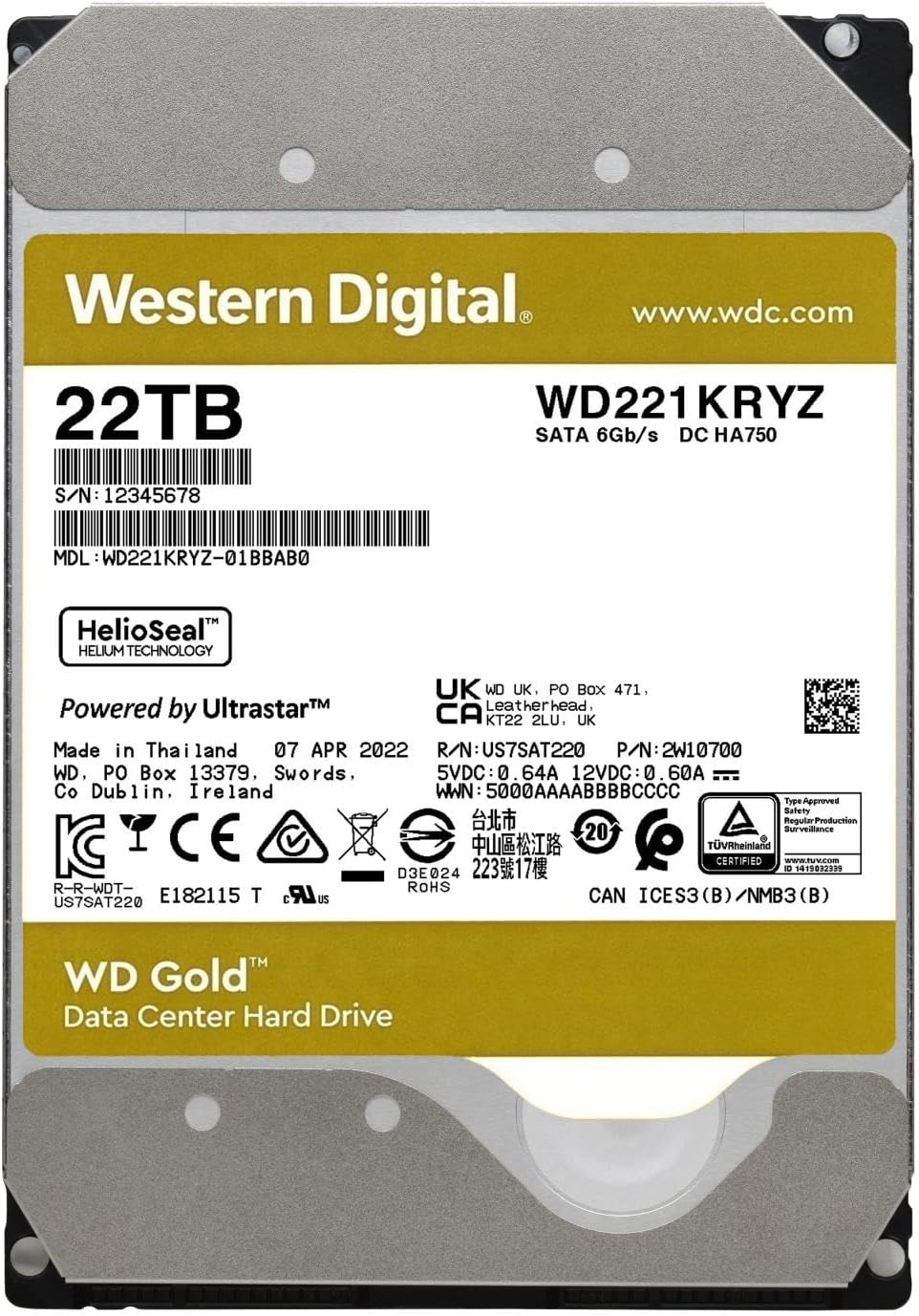 Western Digital WD 22TB WD221KRYZ Gold 7200 SA3