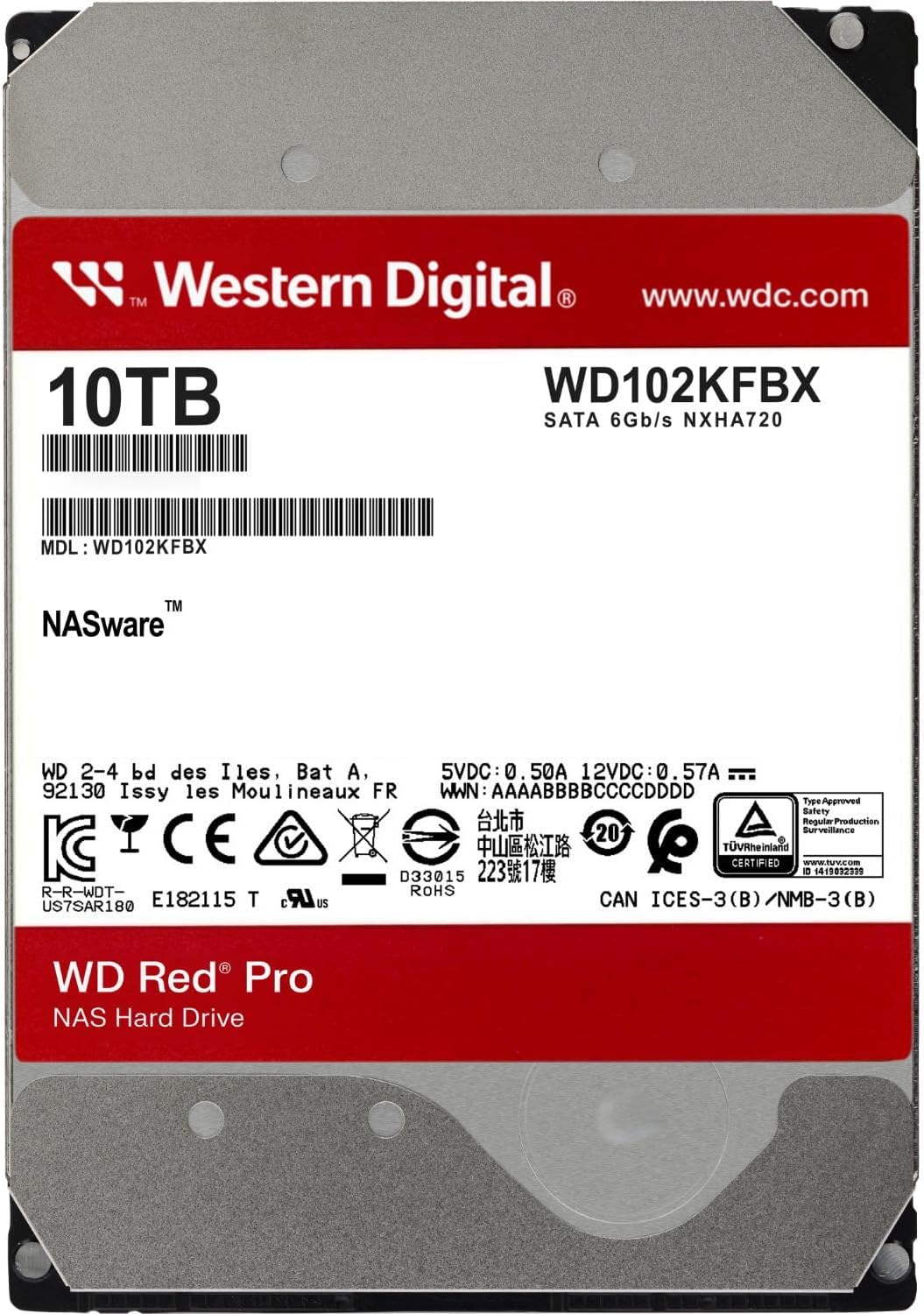 Western Digital 10TB WD Red Pro NAS Internal Hard Drive HDD - 7200 RPM, SATA 6 Gb/s, CMR, 256 MB Cache, 3.5" - WD102KFBX