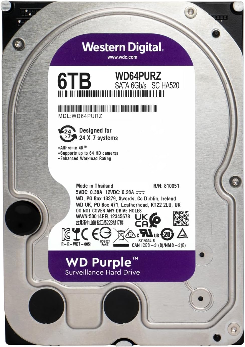 Western Digital 6TB WD Purple Surveillance Internal Hard Drive HDD - SATA 6 Gb/s, 256 MB Cache, 3.5" - WD64PURZ