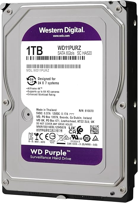 Western Digital 1TB WD Purple Surveillance Internal Hard Drive HDD - SATA 6 Gb/s, 64 MB Cache, 3.5" - WD10PURZ