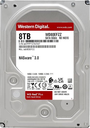 Western Digital 8TB WD Red Plus NAS Internal Hard Drive HDD - 5640 RPM, SATA 6 Gb/s, CMR, 128 MB Cache, 3.5" - WD80EFZZ