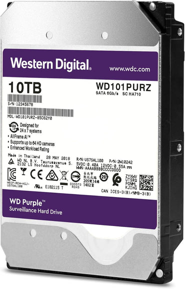 Western Digital 10TB WD Purple Surveillance Internal Hard Drive - SATA 6 Gb/s, , 256 MB Cache, 3.5" - WD101PURZ