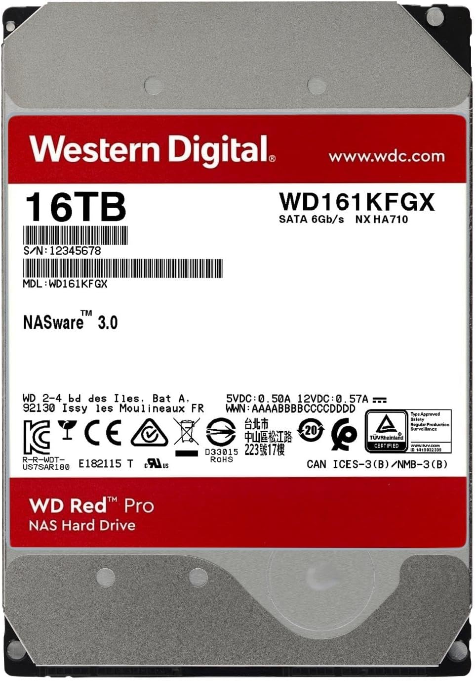 Western Digital 16TB WD Red Pro NAS Internal Hard Drive HDD - 7200 RPM, SATA 6 Gb/s, CMR, 512 MB Cache, 3.5" - WD161KFGX