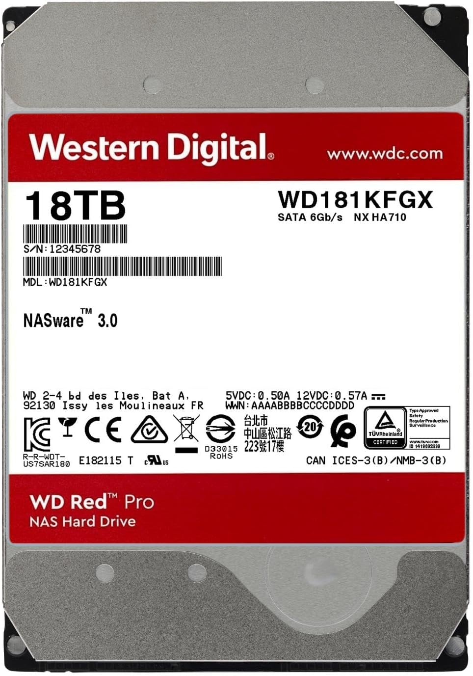 Western Digital 18TB WD Red Pro NAS Internal Hard Drive HDD - 7200 RPM, SATA 6 Gb/s, CMR, 512 MB Cache, 3.5" - WD181KFGX