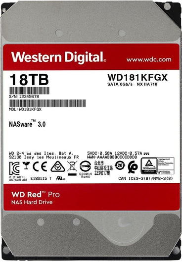 Western Digital 18TB WD Red Pro NAS Internal Hard Drive HDD - 7200 RPM, SATA 6 Gb/s, CMR, 512 MB Cache, 3.5" - WD181KFGX