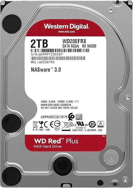 Western Digital 2TB WD Red Plus NAS Internal Hard Drive HDD - 5400 RPM, SATA 6 Gb/s, CMR, 64 MB Cache, 3.5" - WD20EFRX