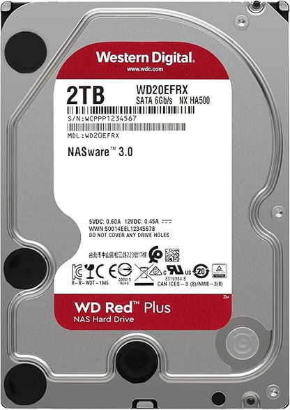 Western Digital 2TB WD Red Plus NAS Internal Hard Drive HDD - 5400 RPM, SATA 6 Gb/s, CMR, 64 MB Cache, 3.5" - WD20EFRX