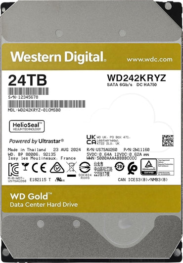 Western Digital 24TB WD Gold Enterprise Class SATA Internal Hard Drive HDD - 7200 RPM, SATA 6 Gb/s, 512 MB Cache, 3.5" - WD242KRYZ