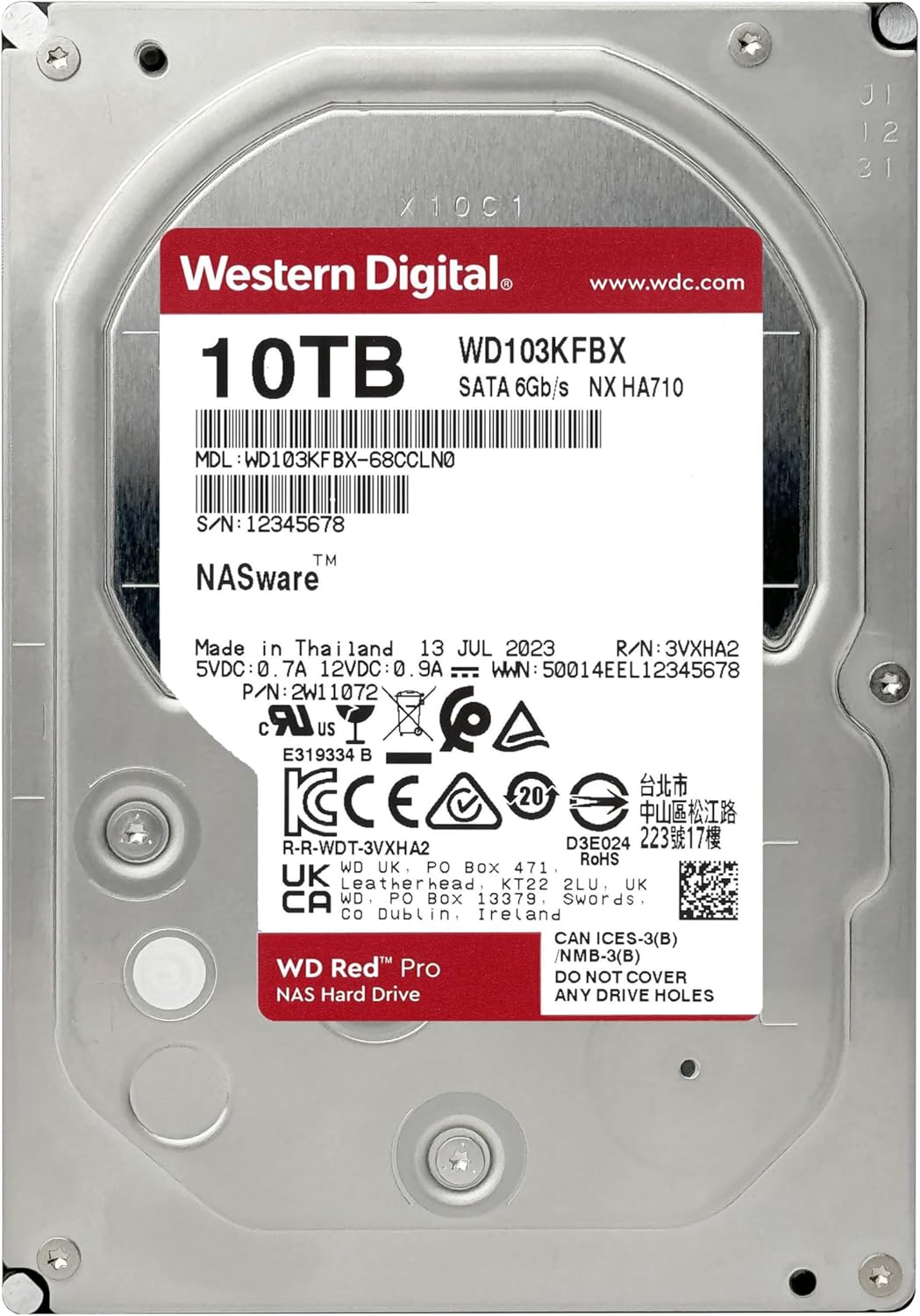 Western Digital 10TB WD Red Pro NAS Internal Hard Drive HDD - 7200 RPM, SATA 6 Gb/s, CMR, 512 MB Cache, 3.5" - WD103KFBX