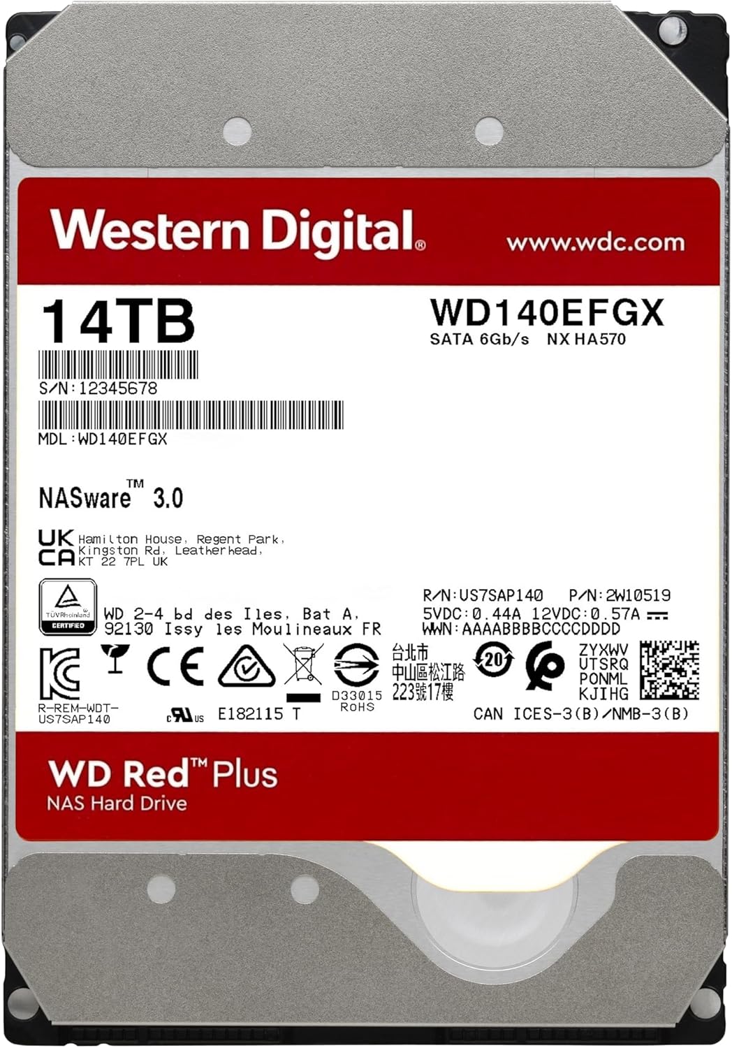 Western Digital 14TB WD Red Plus NAS Internal Hard Drive HDD - 7200 RPM, SATA 6 GB/s, CMR, 512 MB Cache, 3.5" - WD140EFGX