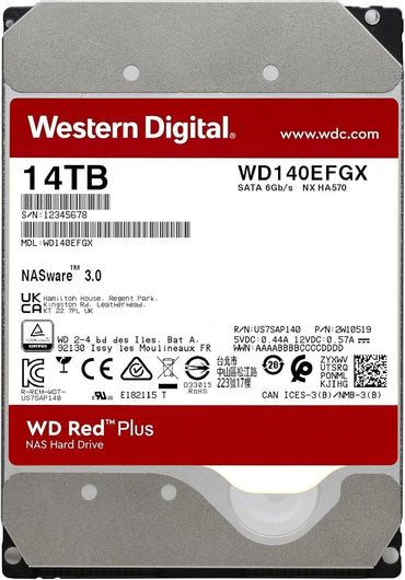 Western Digital 14TB WD Red Plus NAS Internal Hard Drive HDD - 7200 RPM, SATA 6 GB/s, CMR, 512 MB Cache, 3.5" - WD140EFGX