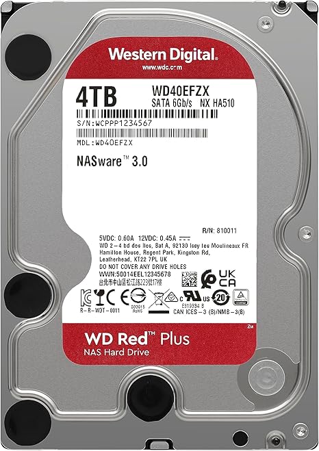 Western Digital 4TB WD Red Plus NAS Internal Hard Drive HDD - 5400 RPM, SATA 6 Gb/s, CMR, 128 MB Cache, 3.5" -WD40EFZX