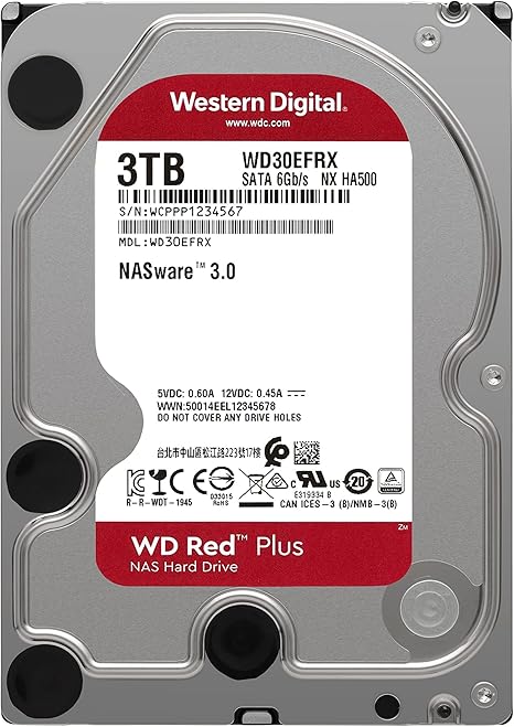 Western Digital 3TB WD Red Plus NAS Internal Hard Drive HDD - 5400 RPM, SATA 6 Gb/s, CMR, 64 MB Cache, 3.5" - WD30EFRX