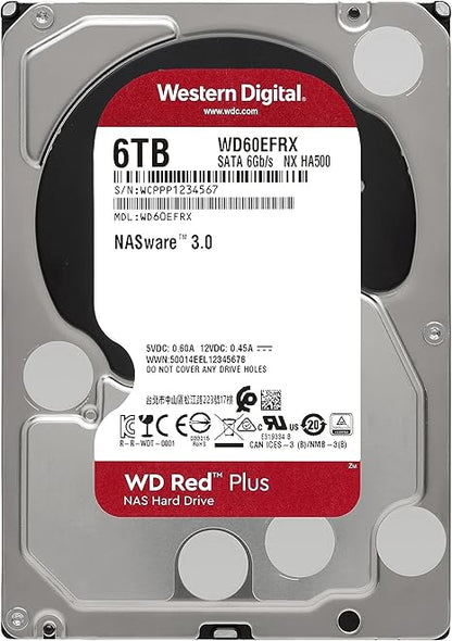 Western Digital 6TB WD Red Plus NAS Internal Hard Drive HDD - 5400 RPM, SATA 6 Gb/s, CMR, 64 MB Cache, 3.5" - WD60EFRX