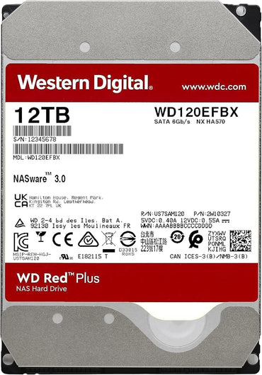 Western Digital 12TB WD Red Plus NAS Internal Hard Drive HDD - 7200 RPM, SATA 6 GB/s, CMR, 512 MB Cache, 3.5" - WD120EFBX