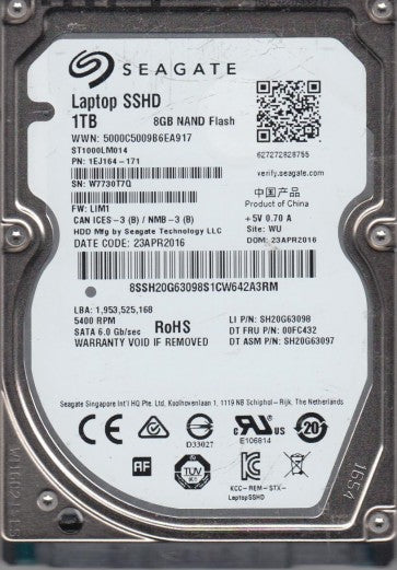 Seagate ST1000LM014 1TB 5400 RPM SATA 6.0Gb/s 2.5" Laptop SSHD Bare Drive