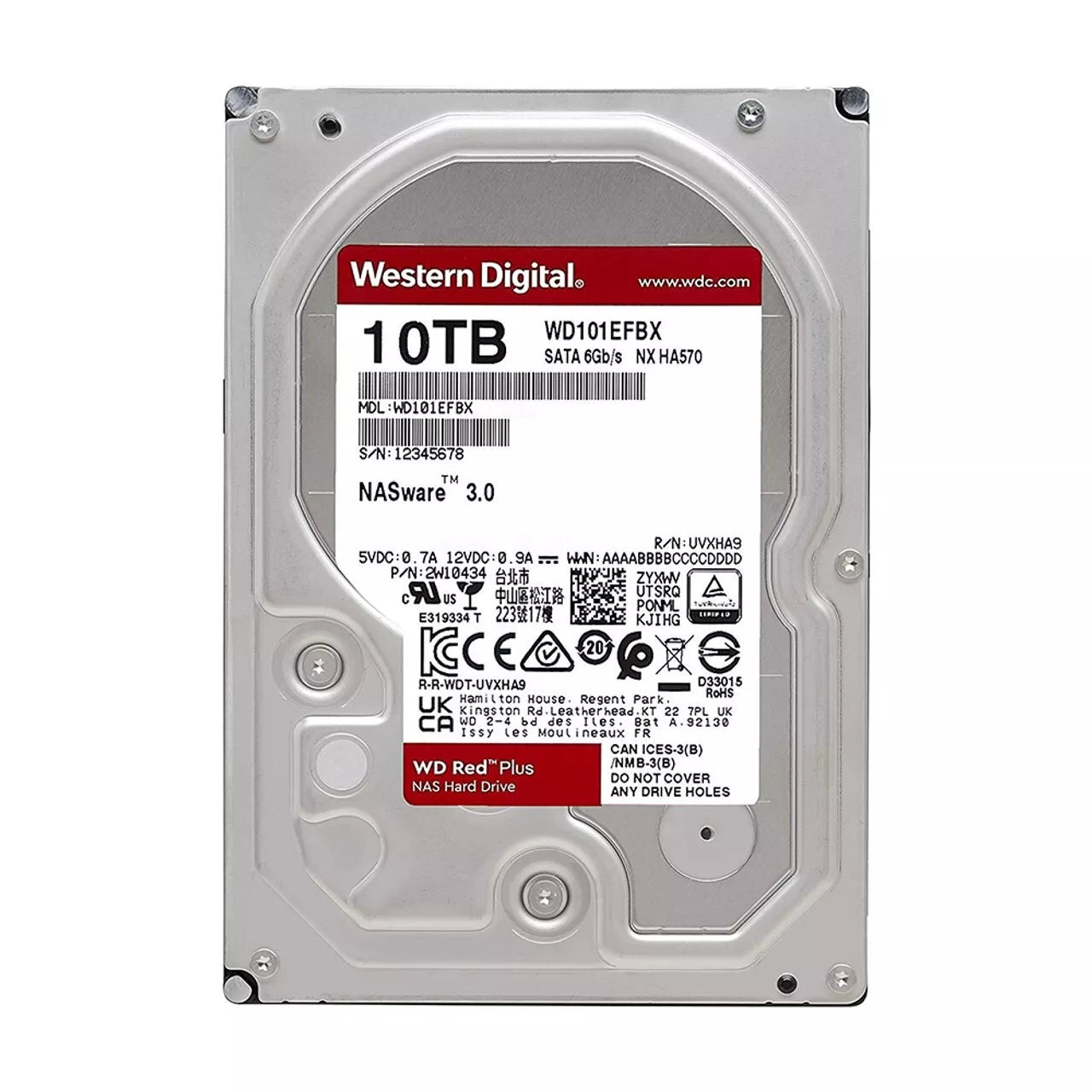 Western Digital 10TB WD Red Plus NAS Internal Hard Drive HDD - 7200 RPM, SATA 6 Gb/s, CMR, 256 MB Cache, 3.5" - WD101EFBX