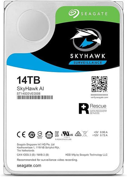 Seagate SkyHawk AI - 14TB Surveillance Internal Hard Drive, 3.5 - Inch SATA, 6Gb/s, 256MB Cache with Drive Health Management + 3 - Year Rescue Service (ST14000VE0008) - The HDDs