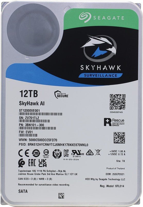 Seagate SkyHawk AI ST12000VE001 - 12TB Hard Drive – 3.5" Internal – SATA (SATA/600) – Network Video Recorder, Compatible with Camera Devices – 3 - Year Warranty (Renewed) - The HDDs