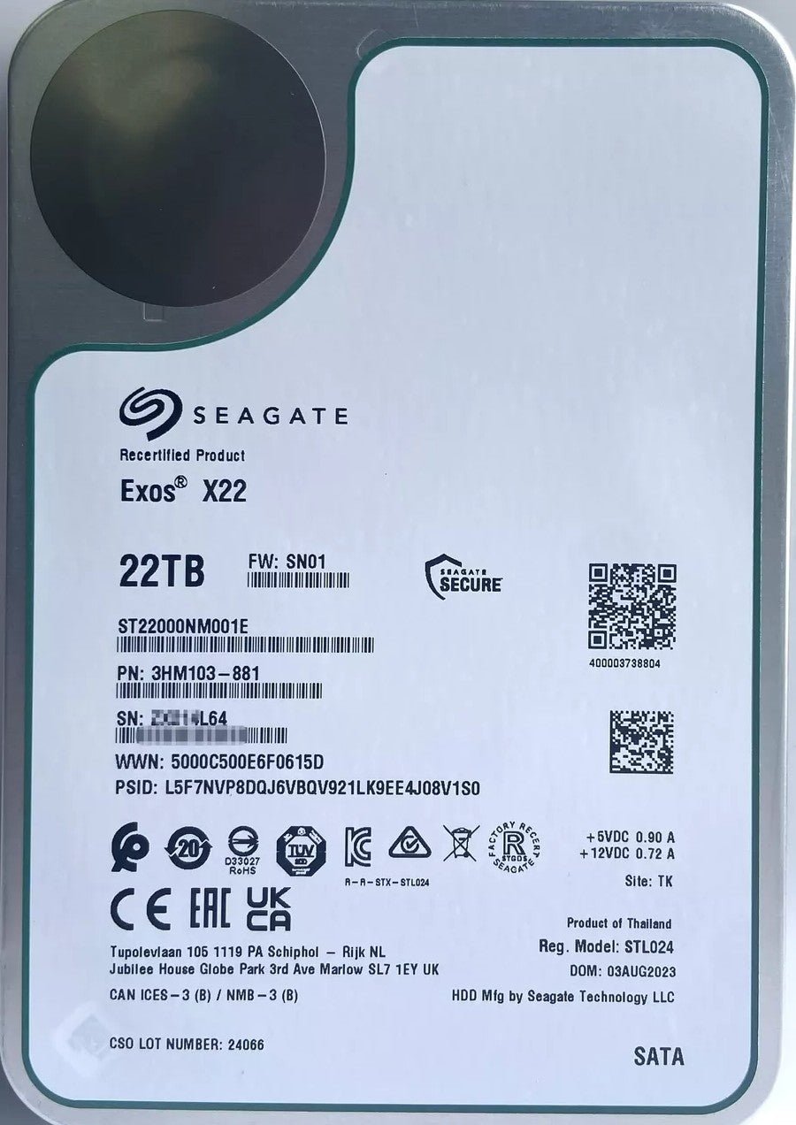 Seagate (ST22000NM001E) (Recertified) Exos X22 22TB HDD offers 7200 RPM speed, SATA 6Gb/s interface, and 2.5M - hour MTBF, ensuring high - performance, low - latency storage for data centers and enterprise applications. - The HDDs