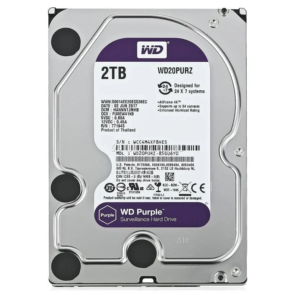 WD Purple 2TB Surveillance Hard Disk Drive - 5400 RPM Class SATA 6 Gb/s 64MB Cache 3.5 Inch - WD20PURX