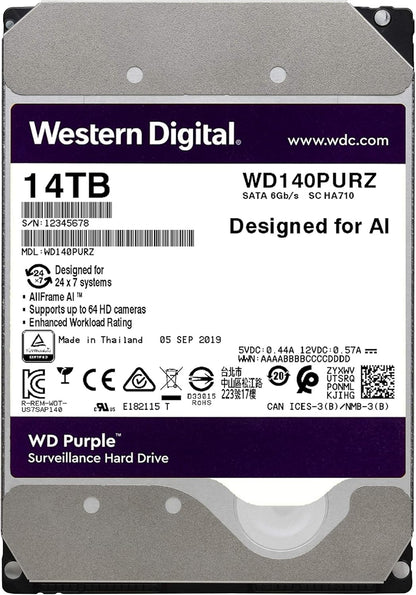 WD Purple 14TB Surveillance 3.5 Inch SATA 6 Gb/s Hard Disk Drive with Allframe 4K Technology - 360TB/yr, 512MB Cache 7200rpm - WD140PURZ - The HDDs