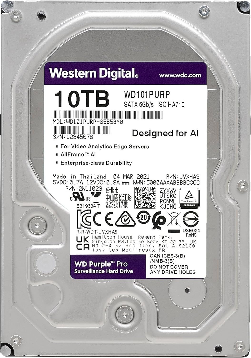 Western Digital 10TB WD Purple Pro Surveillance Internal Hard Drive HDD - SATA 6 Gb/s, 256 MB Cache, 3.5" - WD101PURP - The HDDs