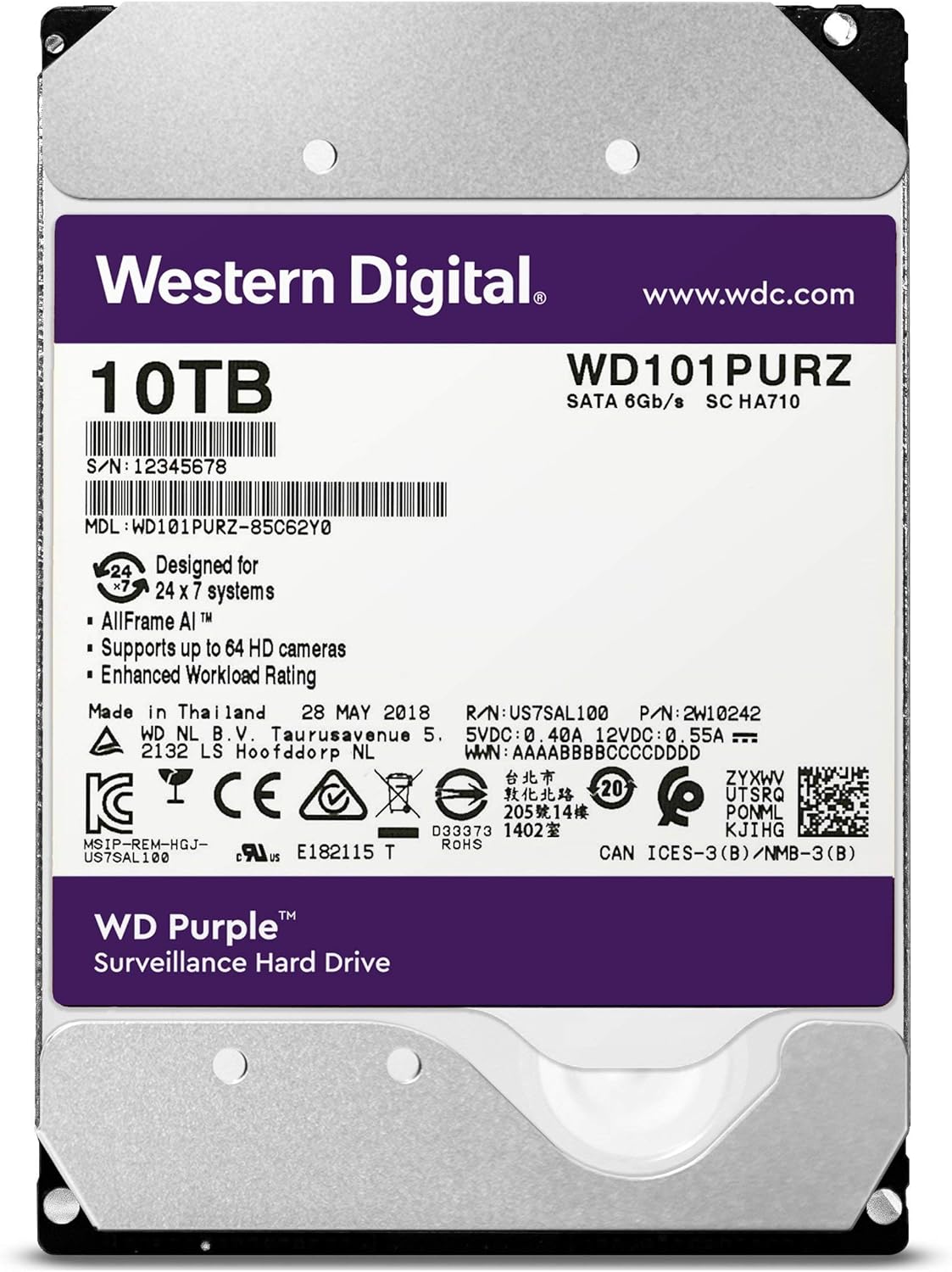 Western Digital 10TB WD Purple Surveillance Internal Hard Drive - SATA 6 Gb/s, , 256 MB Cache, 3.5" - WD101PURZ - The HDDs