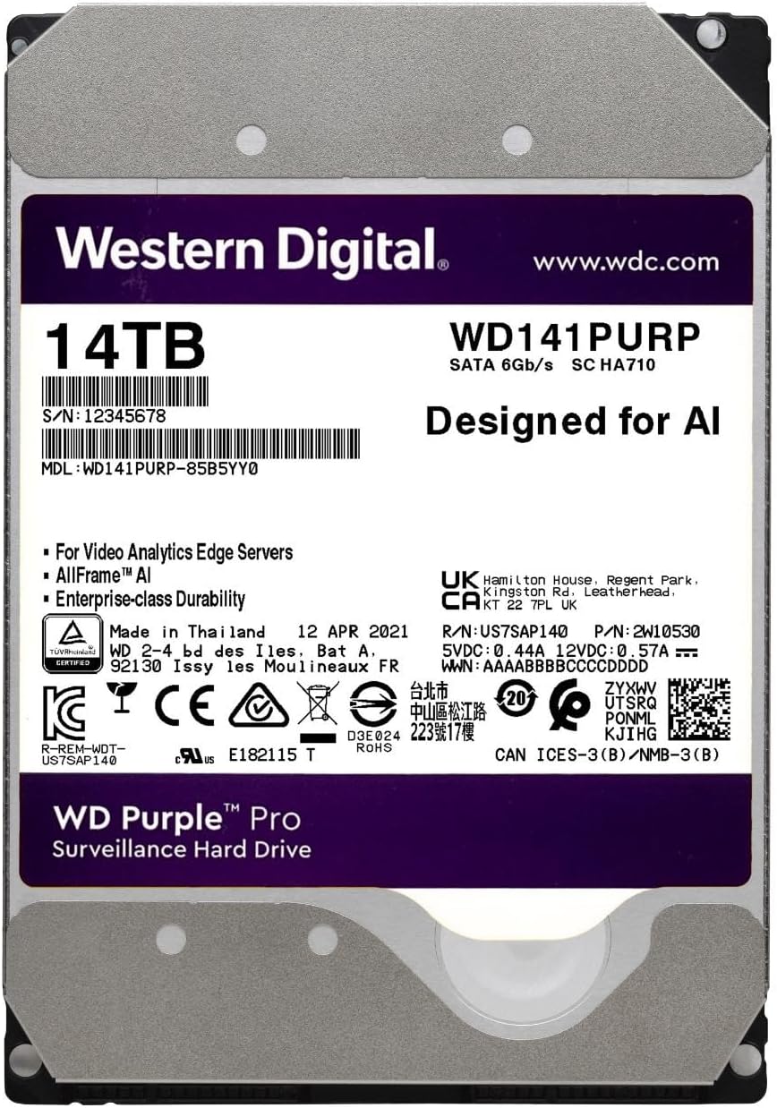 Western Digital 14TB WD Purple Pro Surveillance Internal Hard Drive HDD - SATA 6 Gb/s, 512 MB Cache, 3.5" - WD141PURP - The HDDs