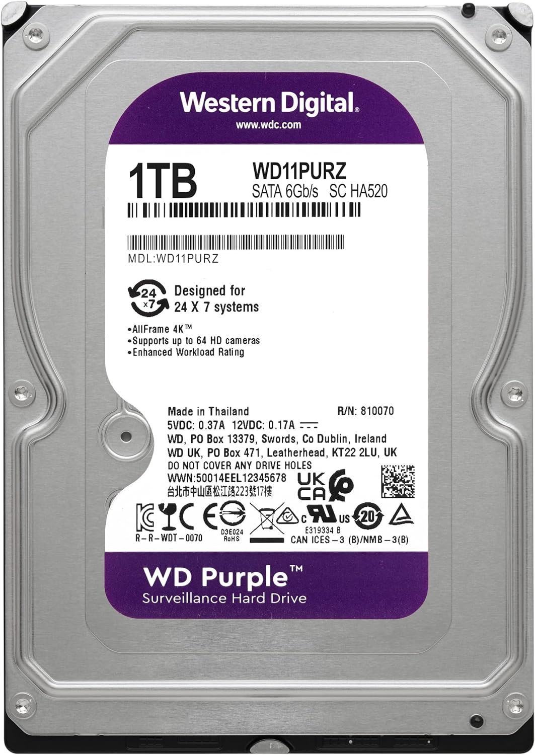 Western Digital 1TB WD Purple Surveillance Internal Hard Drive HDD - WD11PURZ - The HDDs