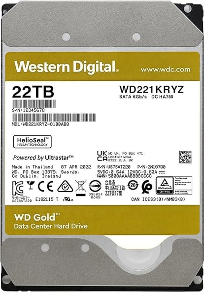 Western Digital 22TB WD Gold Enterprise Class SATA Internal Hard Drive HDD - 7200 RPM, SATA 6 Gb/s, 512 MB Cache, 3.5" - WD221KRYZ - The HDDs