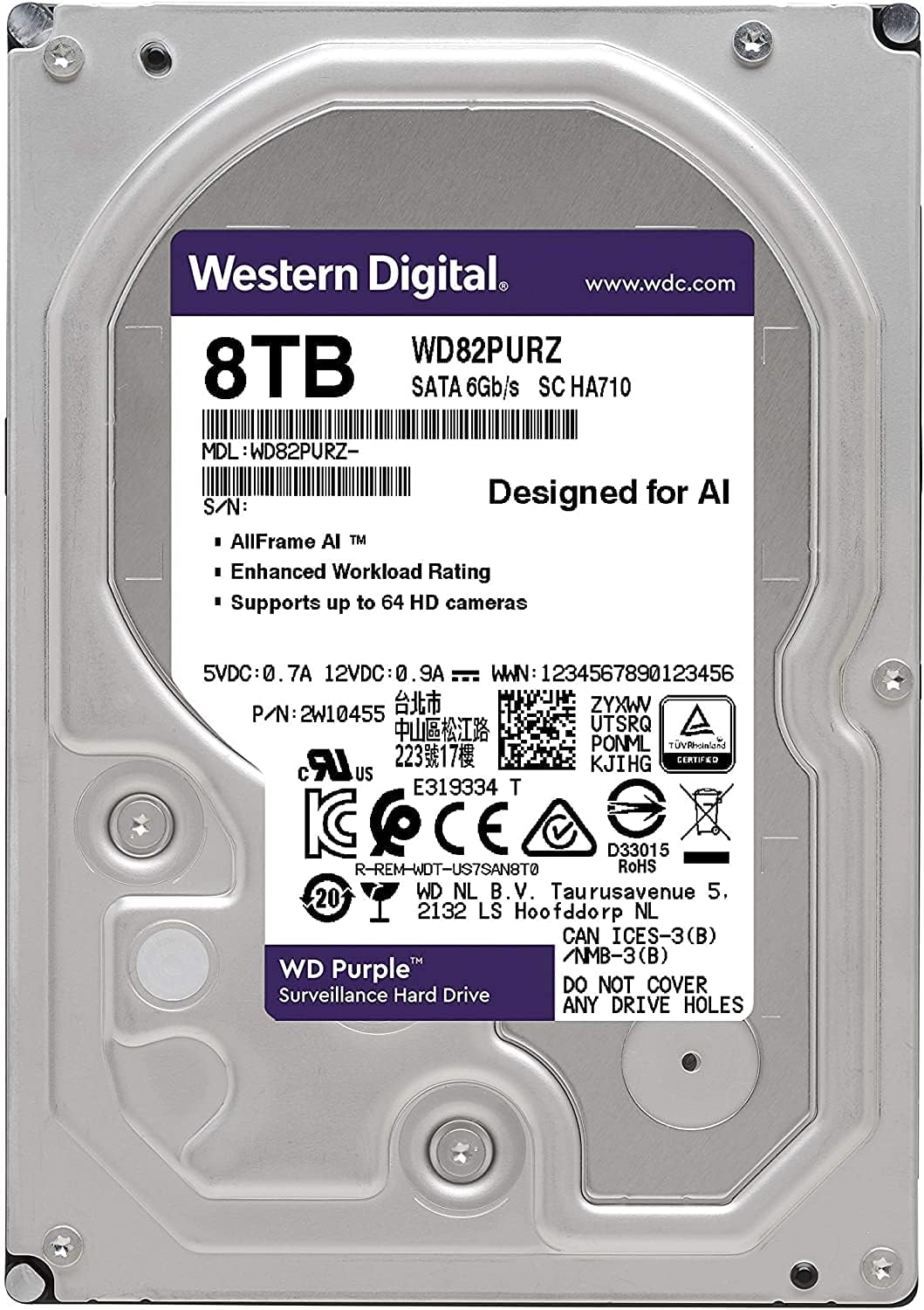 Western Digital 8TB WD Purple Surveillance Internal Hard Drive HDD - SATA 6 Gb/s, 256 MB Cache, 3.5" - WD82PURZ - The HDDs